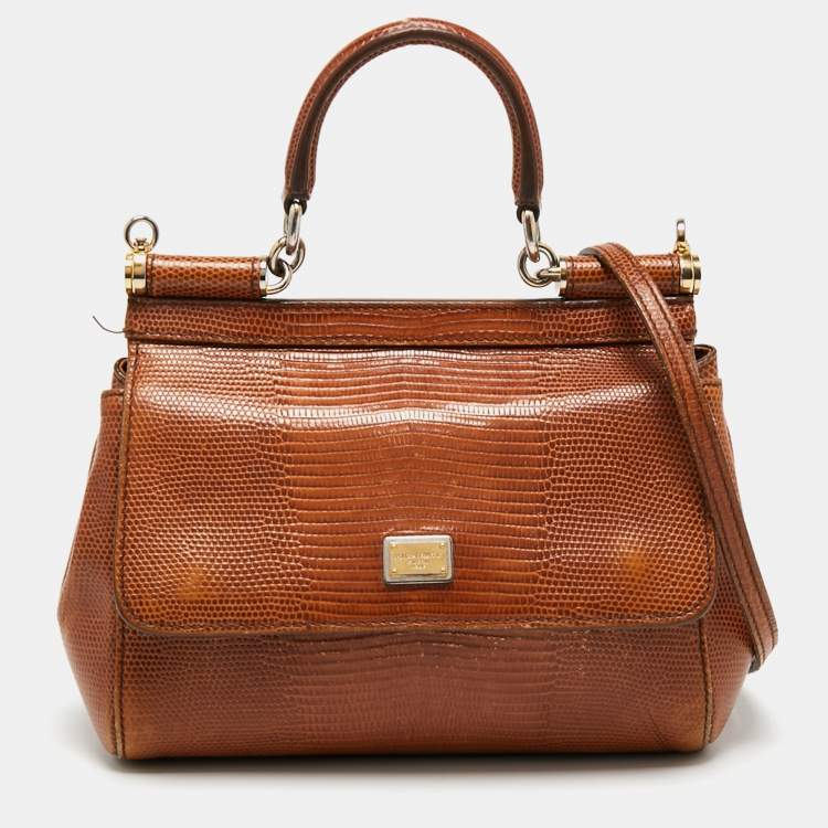 مملوكة مسبقًا Dolce & Gabbana Brown Iguana Emobossed Leather Small Miss Sicily Top Handle Bag