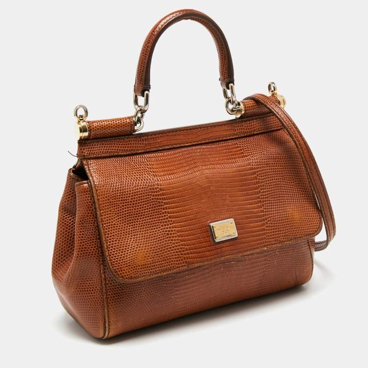 مملوكة مسبقًا Dolce & Gabbana Brown Iguana Emobossed Leather Small Miss Sicily Top Handle Bag