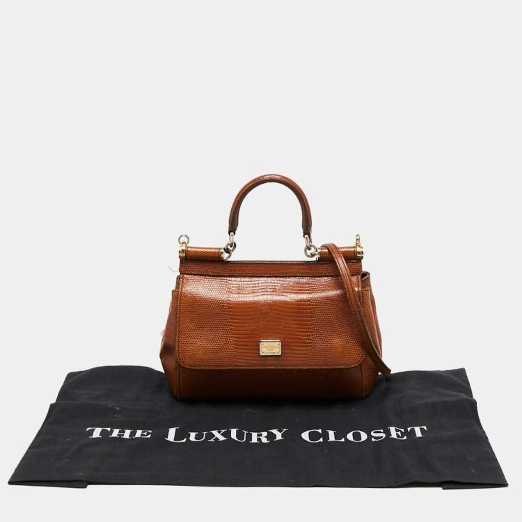 مملوكة مسبقًا Dolce & Gabbana Brown Iguana Emobossed Leather Small Miss Sicily Top Handle Bag
