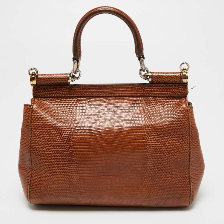 مملوكة مسبقًا Dolce & Gabbana Brown Iguana Emobossed Leather Small Miss Sicily Top Handle Bag