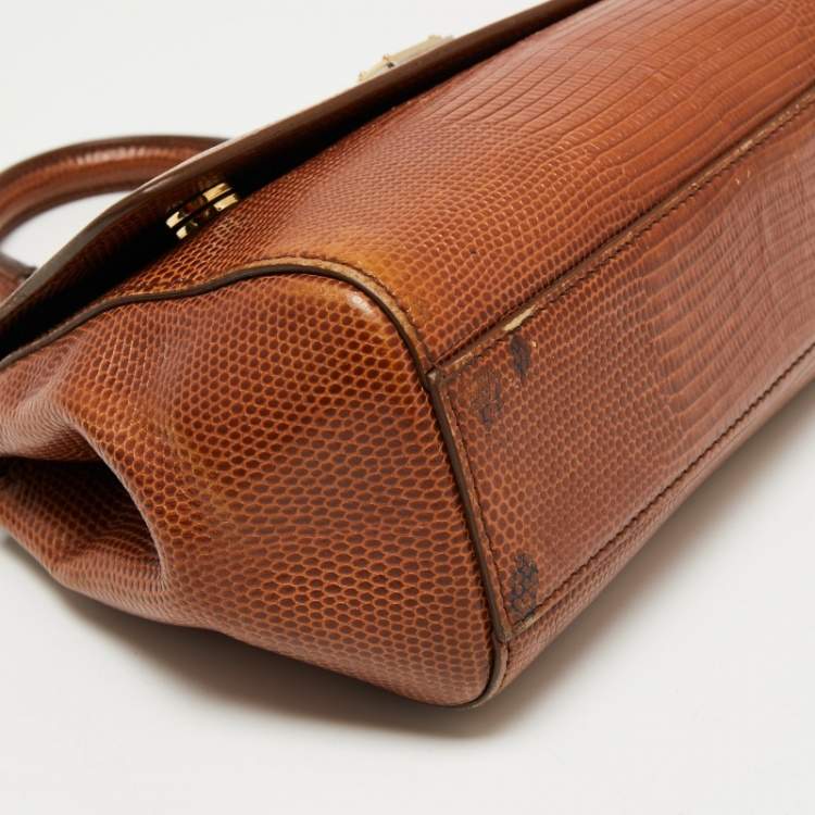 مملوكة مسبقًا Dolce & Gabbana Brown Iguana Emobossed Leather Small Miss Sicily Top Handle Bag