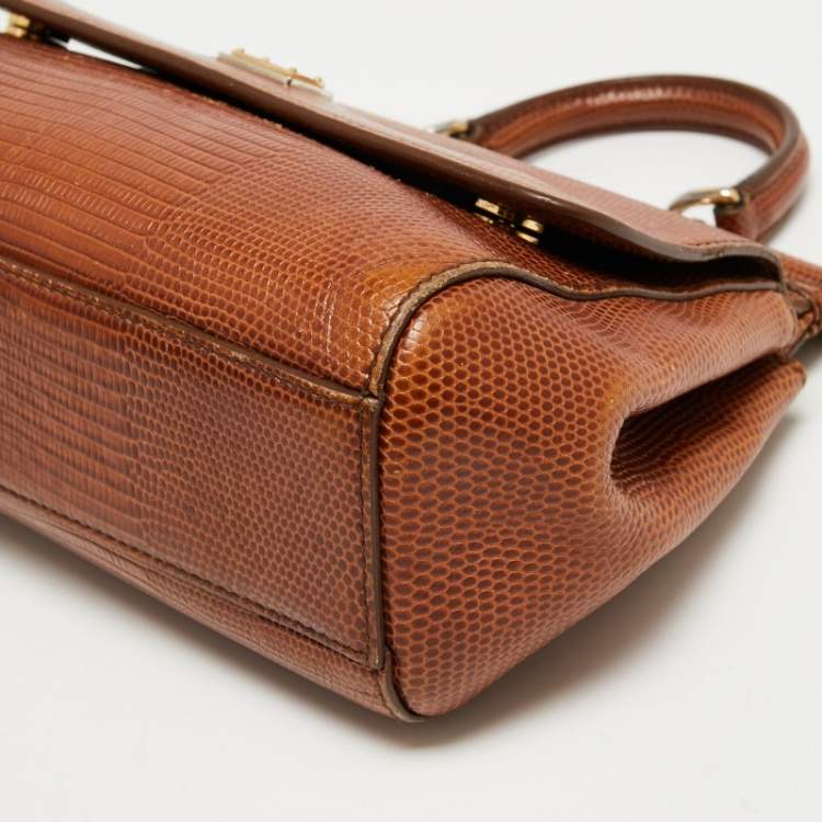 مملوكة مسبقًا Dolce & Gabbana Brown Iguana Emobossed Leather Small Miss Sicily Top Handle Bag