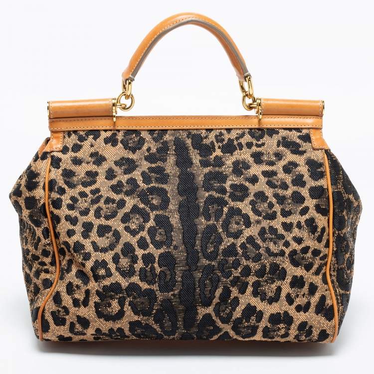 Pre Owned Dolce & Gabbana Black/Brown Leopard Print Fabric and Leather Large Miss Sicily Top Handle Bag