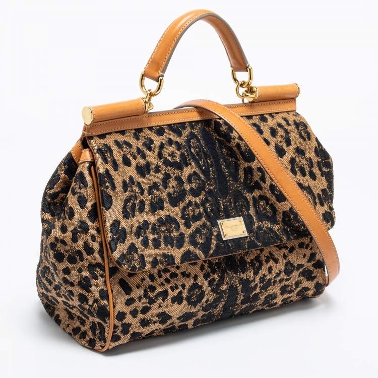 Pre Owned Dolce & Gabbana Black/Brown Leopard Print Fabric and Leather Large Miss Sicily Top Handle Bag