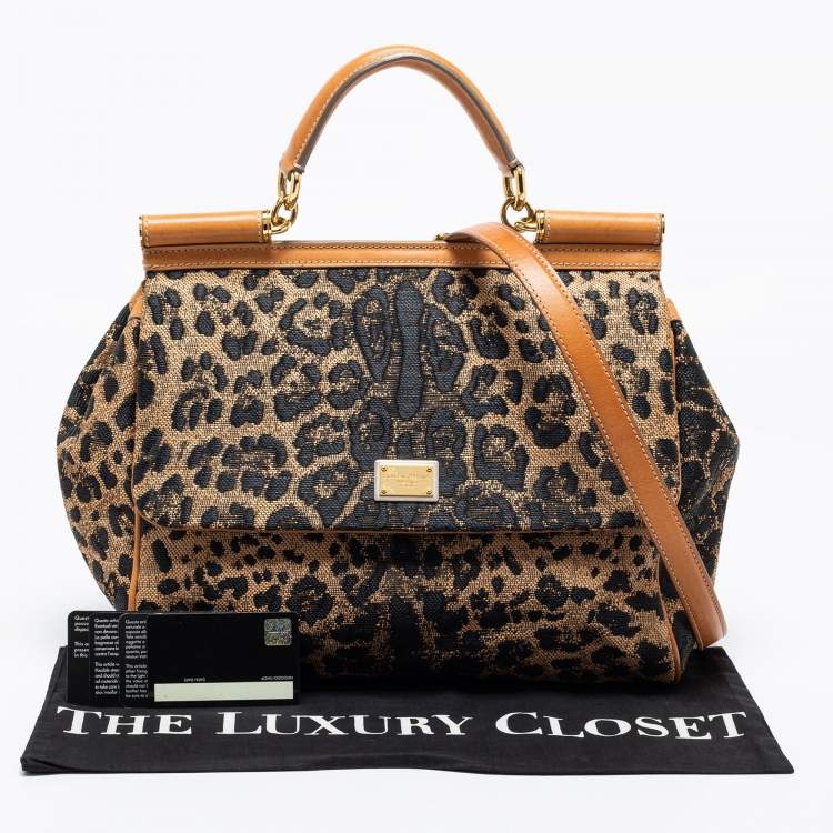 Pre Owned Dolce & Gabbana Black/Brown Leopard Print Fabric and Leather Large Miss Sicily Top Handle Bag