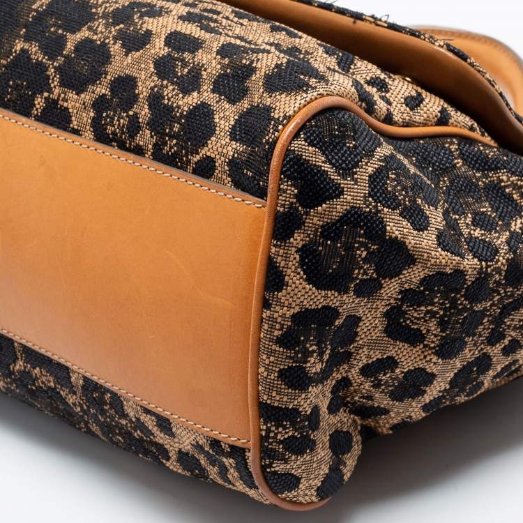 Pre Owned Dolce & Gabbana Black/Brown Leopard Print Fabric and Leather Large Miss Sicily Top Handle Bag