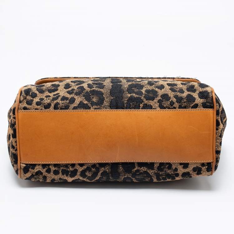 Pre Owned Dolce & Gabbana Black/Brown Leopard Print Fabric and Leather Large Miss Sicily Top Handle Bag