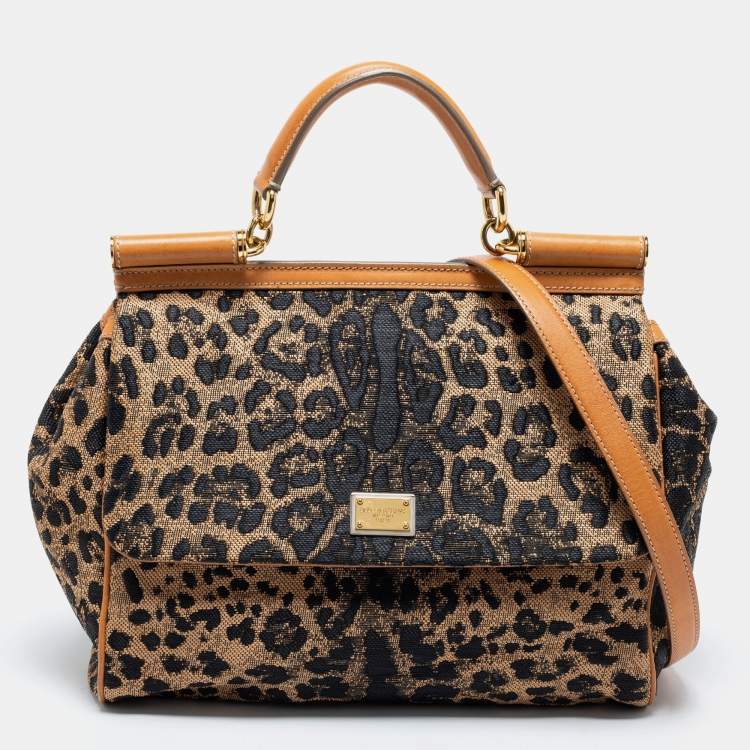 Pre Owned Dolce & Gabbana Black/Brown Leopard Print Fabric and Leather Large Miss Sicily Top Handle Bag