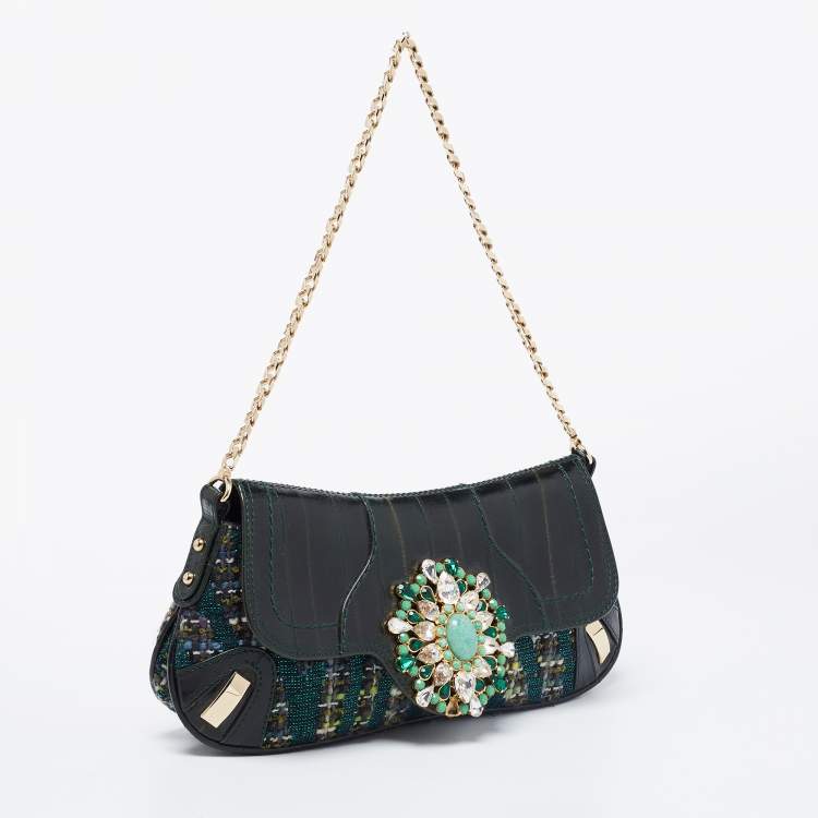 Pre Owned Dolce & Gabbana Green  Eel Leather And Tweed  Jewels Pochette