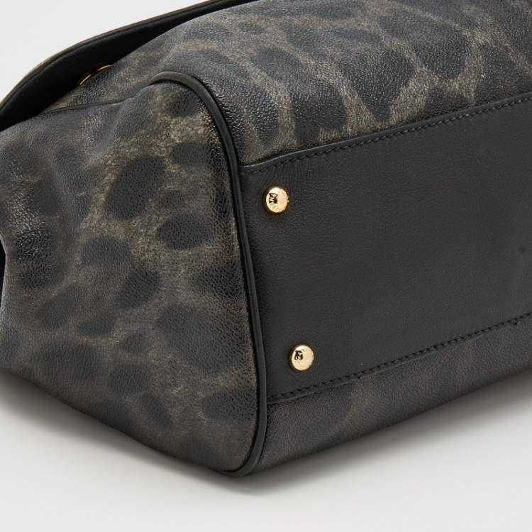 Pre Owned Dolce & Gabbana Grey/Black Leopard Print Coated Canvas And Leather Large Miss Sicily Top Handle Bag