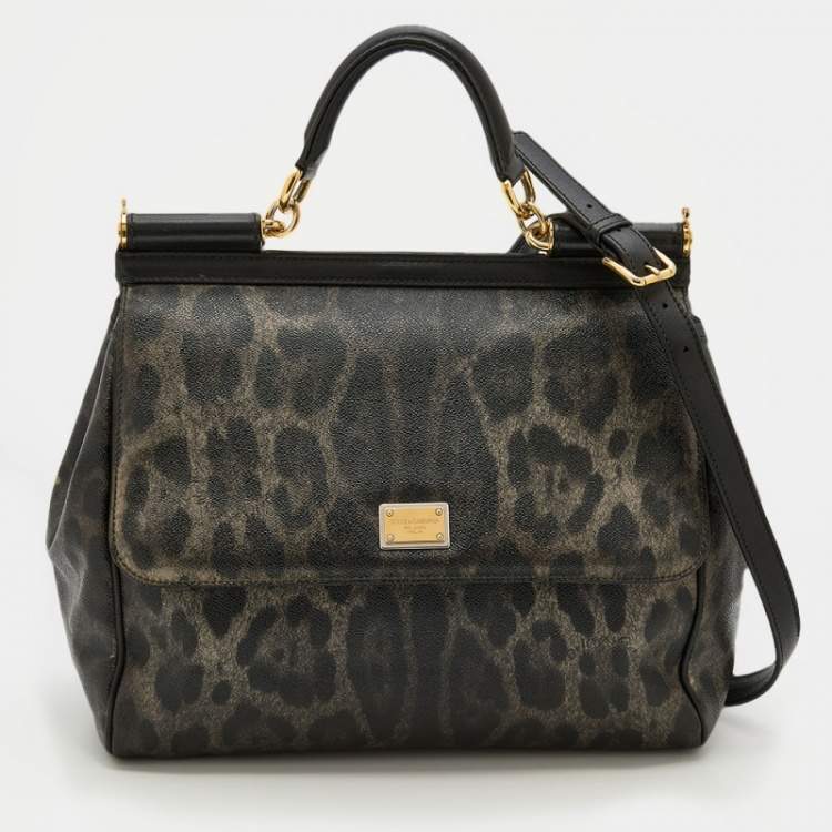 Pre Owned Dolce & Gabbana Grey/Black Leopard Print Coated Canvas And Leather Large Miss Sicily Top Handle Bag