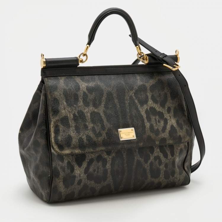 Pre Owned Dolce & Gabbana Grey/Black Leopard Print Coated Canvas And Leather Large Miss Sicily Top Handle Bag