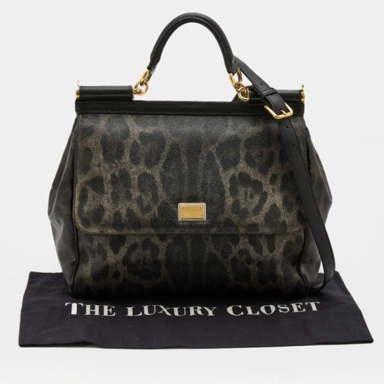 Pre Owned Dolce & Gabbana Grey/Black Leopard Print Coated Canvas And Leather Large Miss Sicily Top Handle Bag