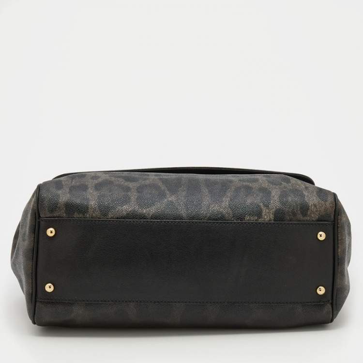Pre Owned Dolce & Gabbana Grey/Black Leopard Print Coated Canvas And Leather Large Miss Sicily Top Handle Bag