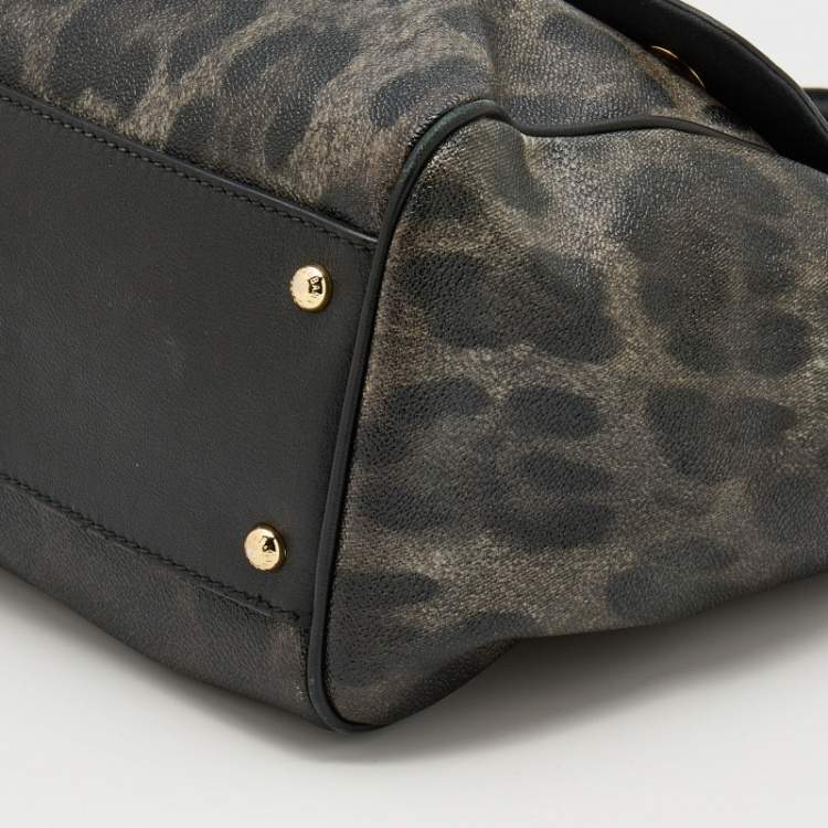 Pre Owned Dolce & Gabbana Grey/Black Leopard Print Coated Canvas And Leather Large Miss Sicily Top Handle Bag