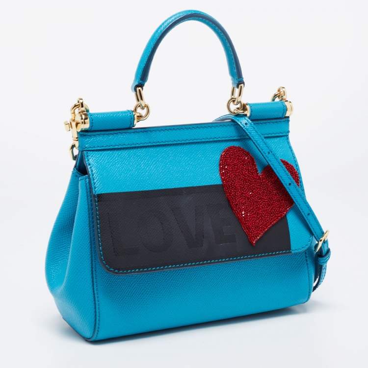 Pre Owned Dolce & Gabbana Blue Leather Love Small Sicily Top Handle Bag