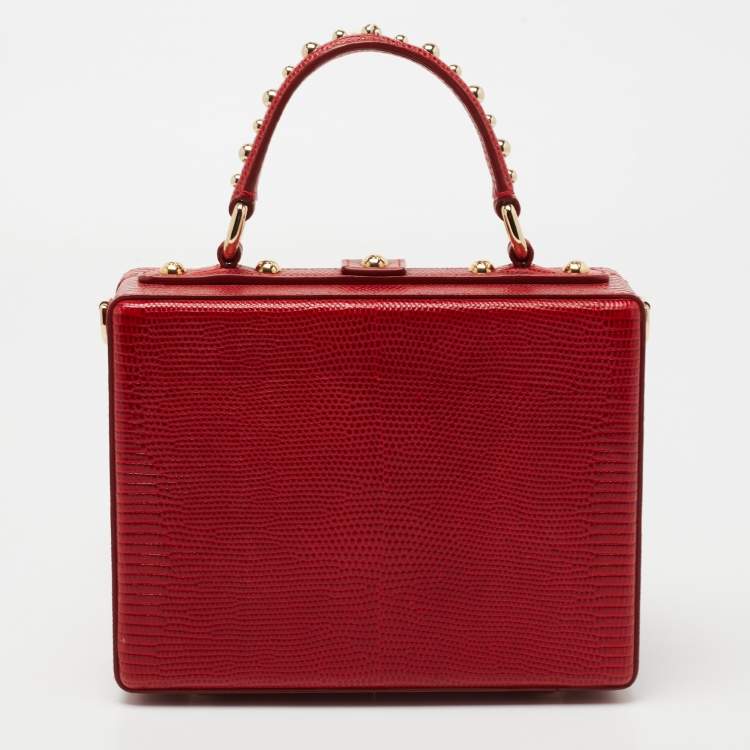 Pre Owned Dolce & Gabbana Red Lizard Embossed Leather Rosaria Box Top Handle Bag
