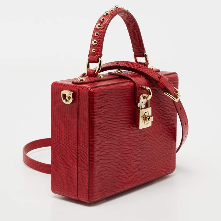 Pre Owned Dolce & Gabbana Red Lizard Embossed Leather Rosaria Box Top Handle Bag