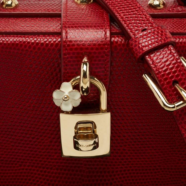 Pre Owned Dolce & Gabbana Red Lizard Embossed Leather Rosaria Box Top Handle Bag
