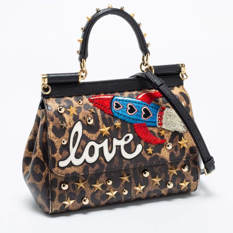 Pre Owned Dolce & Gabbana Beige/Brown Leopard Print Leather Studded Sicily Top Handle Bag