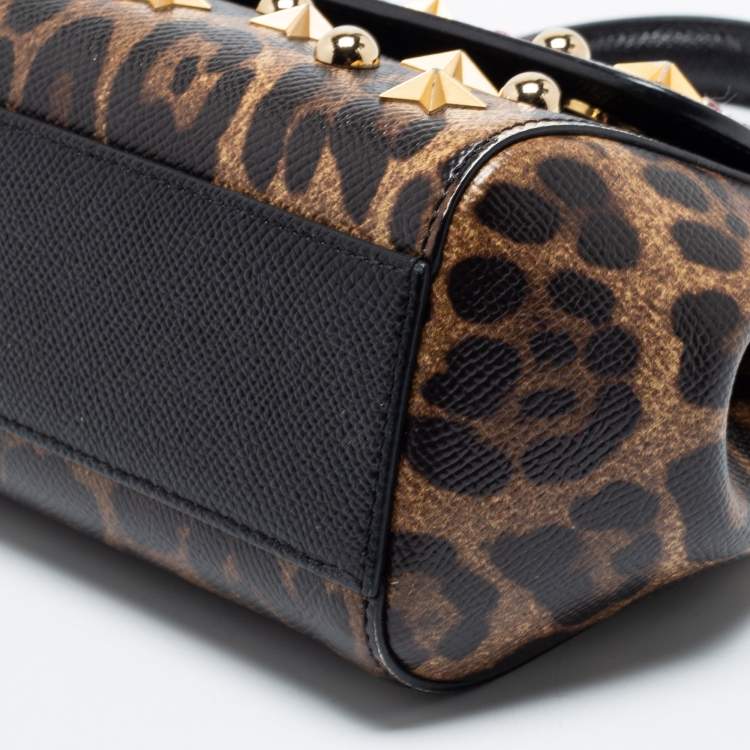 Pre Owned Dolce & Gabbana Beige/Brown Leopard Print Leather Studded Sicily Top Handle Bag