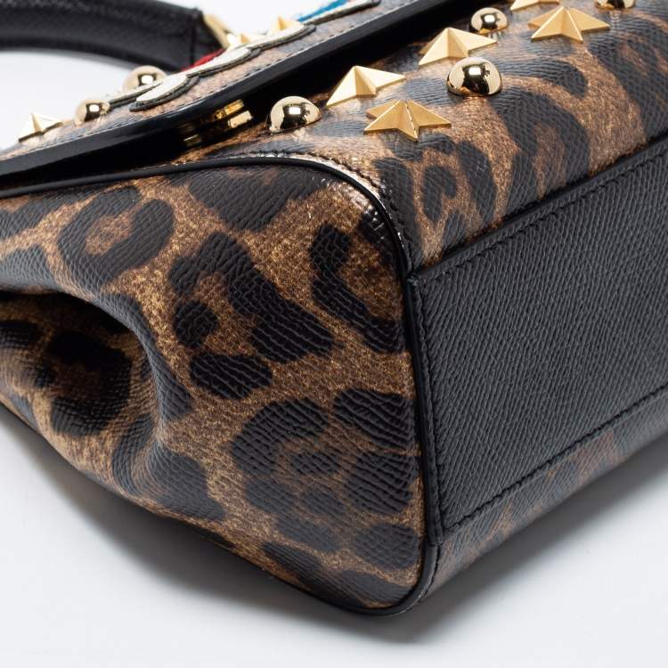 Pre Owned Dolce & Gabbana Beige/Brown Leopard Print Leather Studded Sicily Top Handle Bag