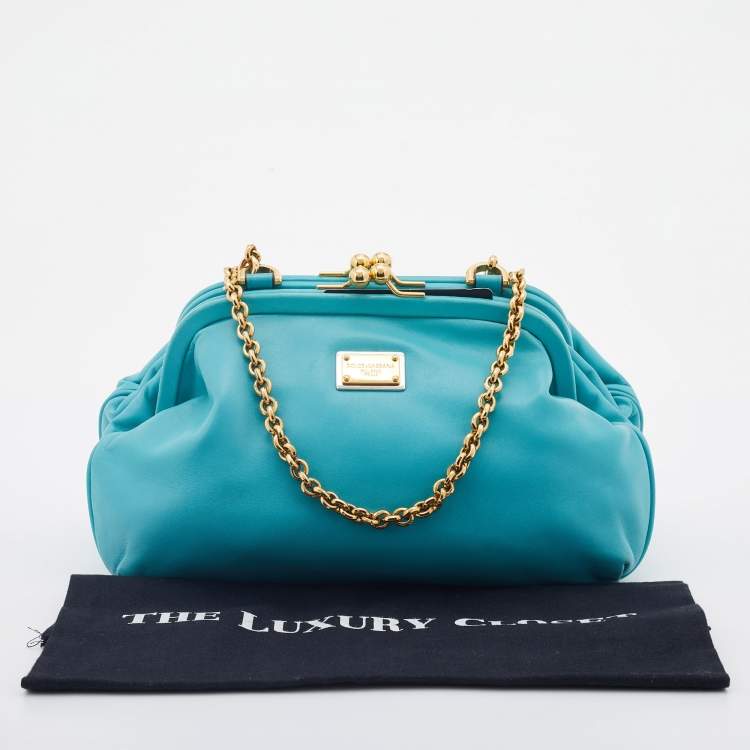 Pre Owned Dolce & Gabbana Turquoise Leather Frame Chain Shoulder Bag