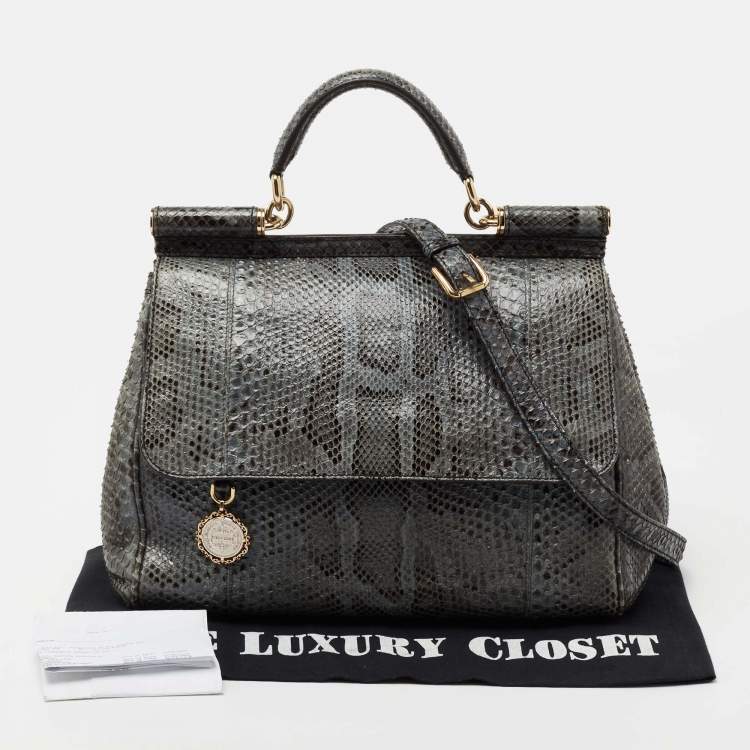 Pre Owned Dolce & Gabbana Grey Python Leather Large Miss Sicily Top Handle Bag