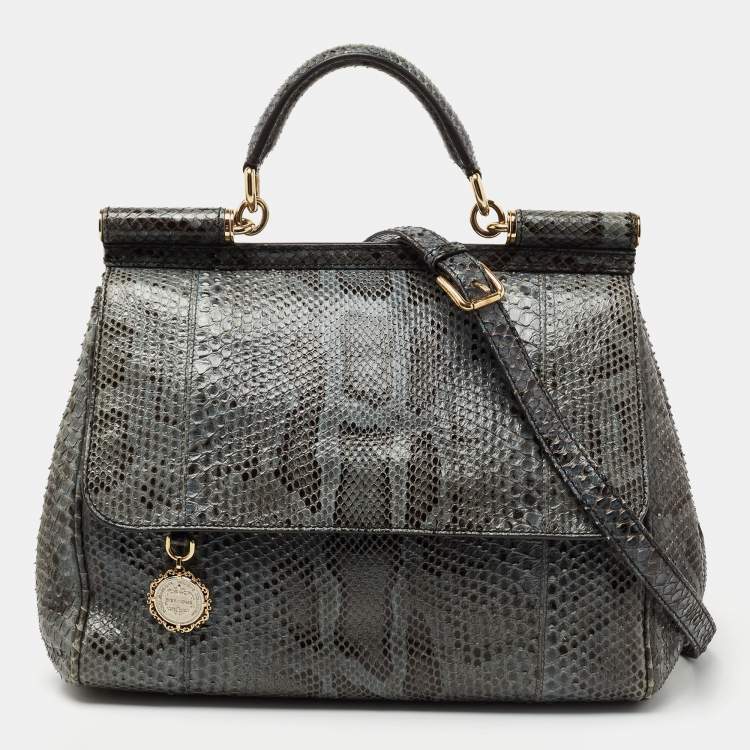 Pre Owned Dolce & Gabbana Grey Python Leather Large Miss Sicily Top Handle Bag