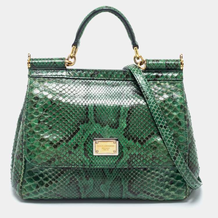 Pre Owned Dolce & Gabbana Green Python Leather Small Miss Sicily Top Handle Bag