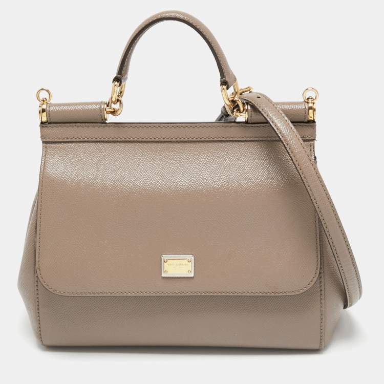 Pre Owned Dolce & Gabbana Dark Beige Leather Medium Miss Sicily Top Handle Bag
