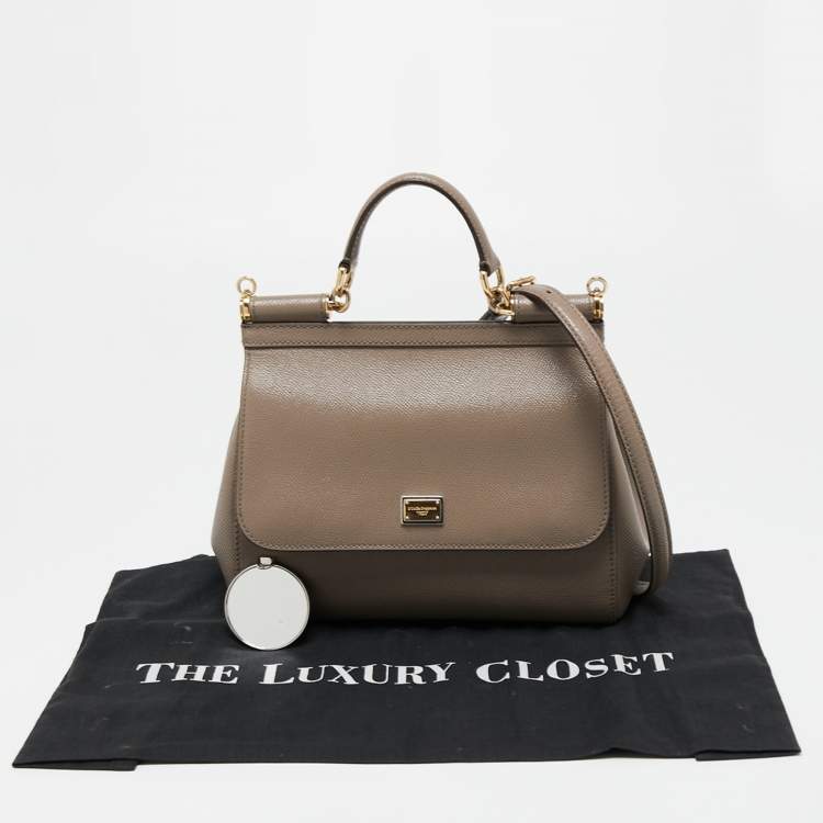 Pre Owned Dolce & Gabbana Dark Beige Leather Medium Miss Sicily Top Handle Bag