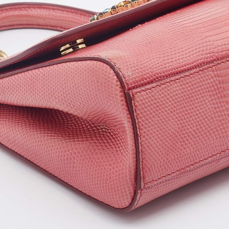 Pre Owned Dolce & Gabbana Peach Lizard Embossed Leather Miss Sicily Top Handle Bag
