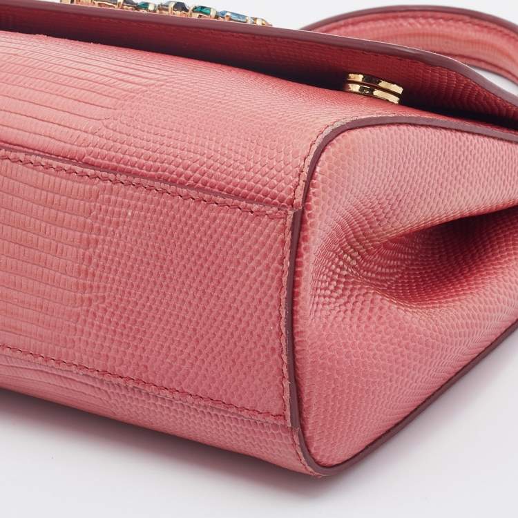 Pre Owned Dolce & Gabbana Peach Lizard Embossed Leather Miss Sicily Top Handle Bag