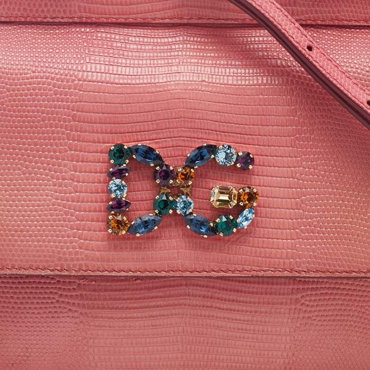 Pre Owned Dolce & Gabbana Peach Lizard Embossed Leather Miss Sicily Top Handle Bag