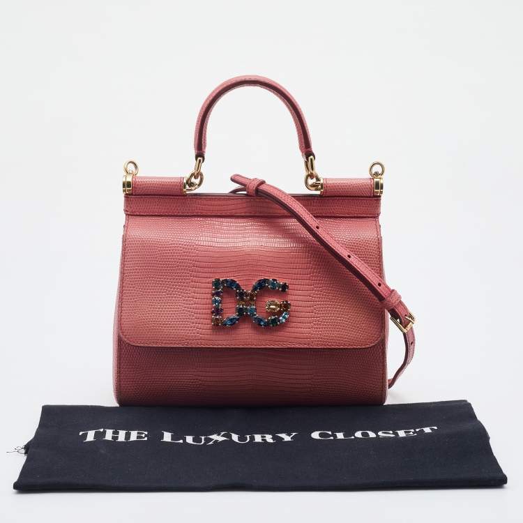 Pre Owned Dolce & Gabbana Peach Lizard Embossed Leather Miss Sicily Top Handle Bag