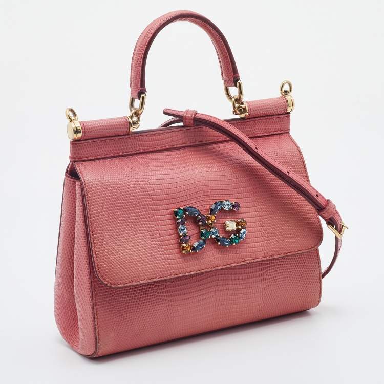 Pre Owned Dolce & Gabbana Peach Lizard Embossed Leather Miss Sicily Top Handle Bag