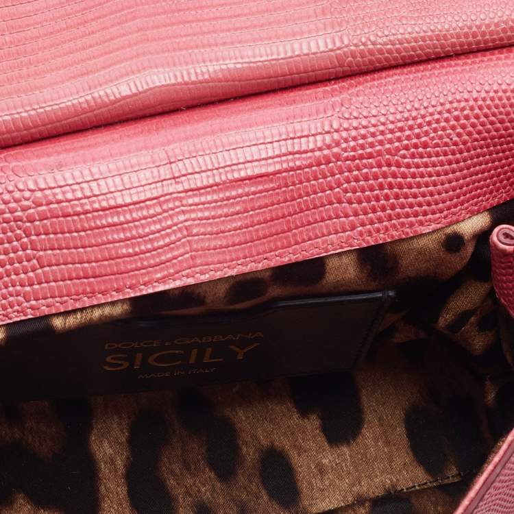 Pre Owned Dolce & Gabbana Peach Lizard Embossed Leather Miss Sicily Top Handle Bag