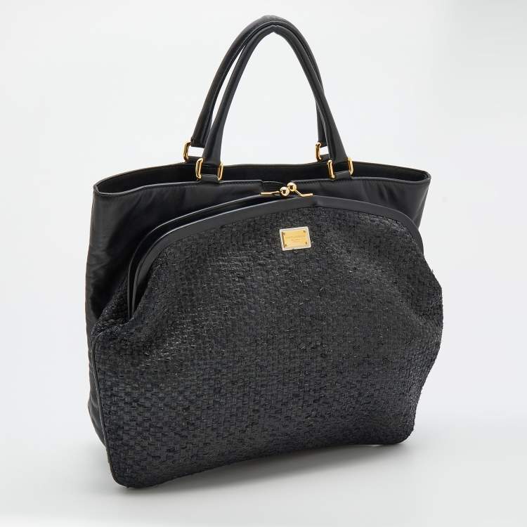 Pre Owned Dolce & Gabbana Black  Woven Raffia and Leather Kiss Lock Tote
