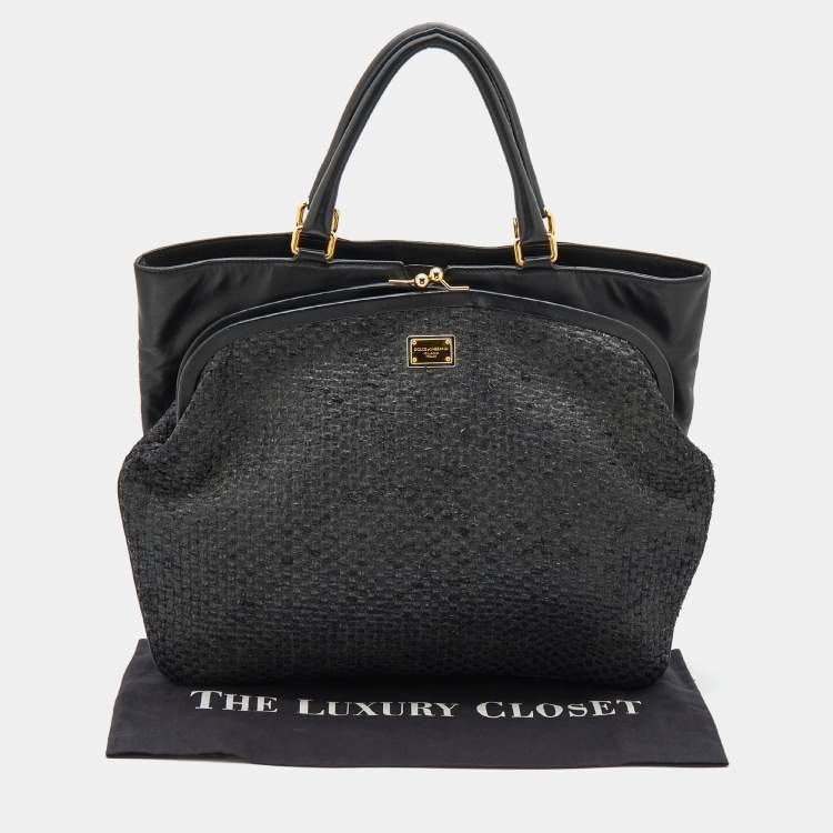 Pre Owned Dolce & Gabbana Black  Woven Raffia and Leather Kiss Lock Tote