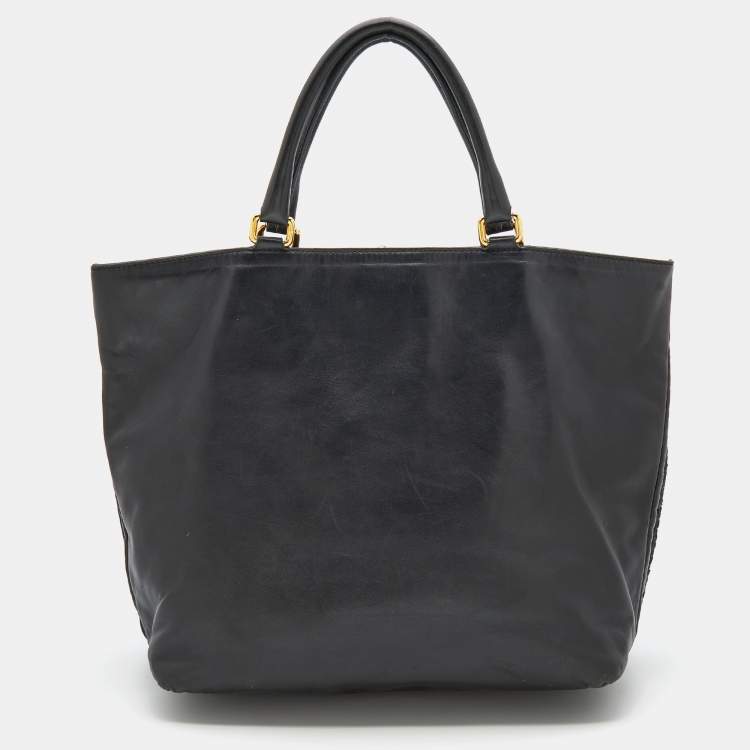 Pre Owned Dolce & Gabbana Black  Woven Raffia and Leather Kiss Lock Tote