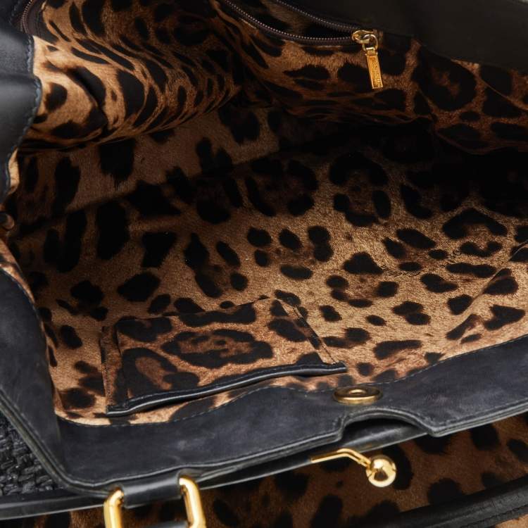 Pre Owned Dolce & Gabbana Black  Woven Raffia and Leather Kiss Lock Tote