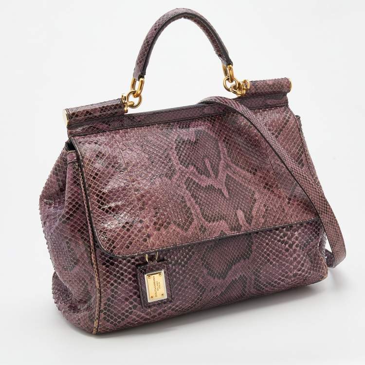 Pre Owned Dolce & Gabbana Pink/Black Python Leather Large Miss Sicily Top Handle Bag