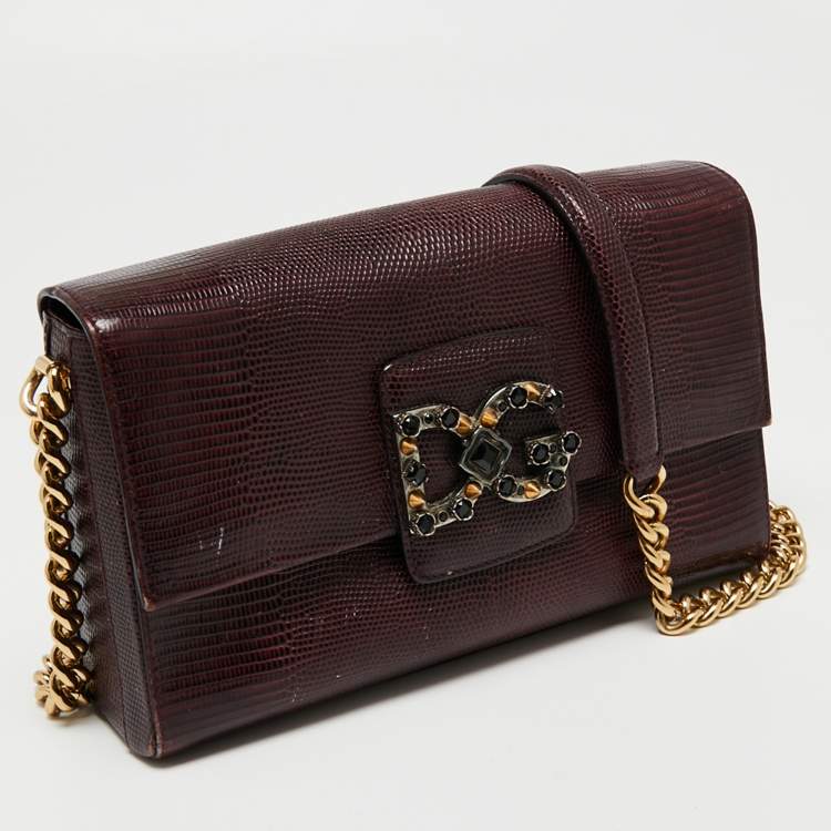Pre Owned Dolce & Gabbana Burgundy Lizard Embossed Leather DG Millennials Shoulder Bag