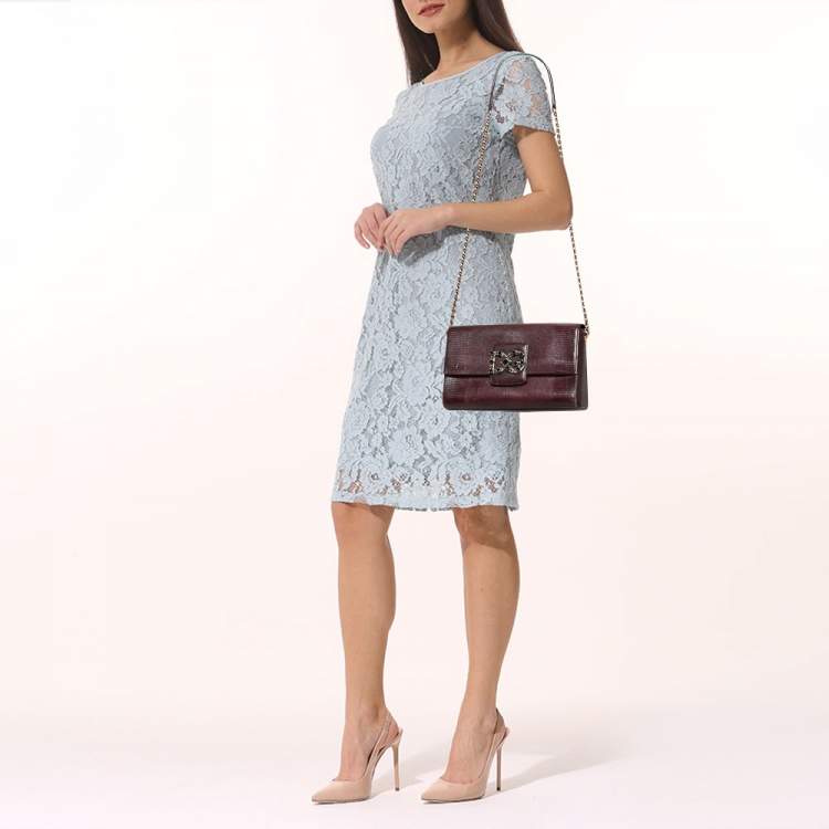 Pre Owned Dolce & Gabbana Burgundy Lizard Embossed Leather DG Millennials Shoulder Bag