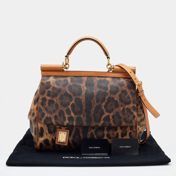 مملوكة مسبقًا Dolce & Gabbana Brown Leopard Coated Canvas and Leather Large Miss Sicily Top Handle Bag