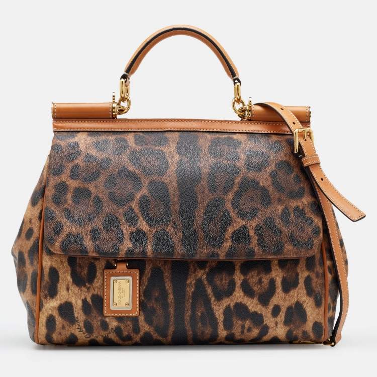 مملوكة مسبقًا Dolce & Gabbana Brown Leopard Coated Canvas and Leather Large Miss Sicily Top Handle Bag