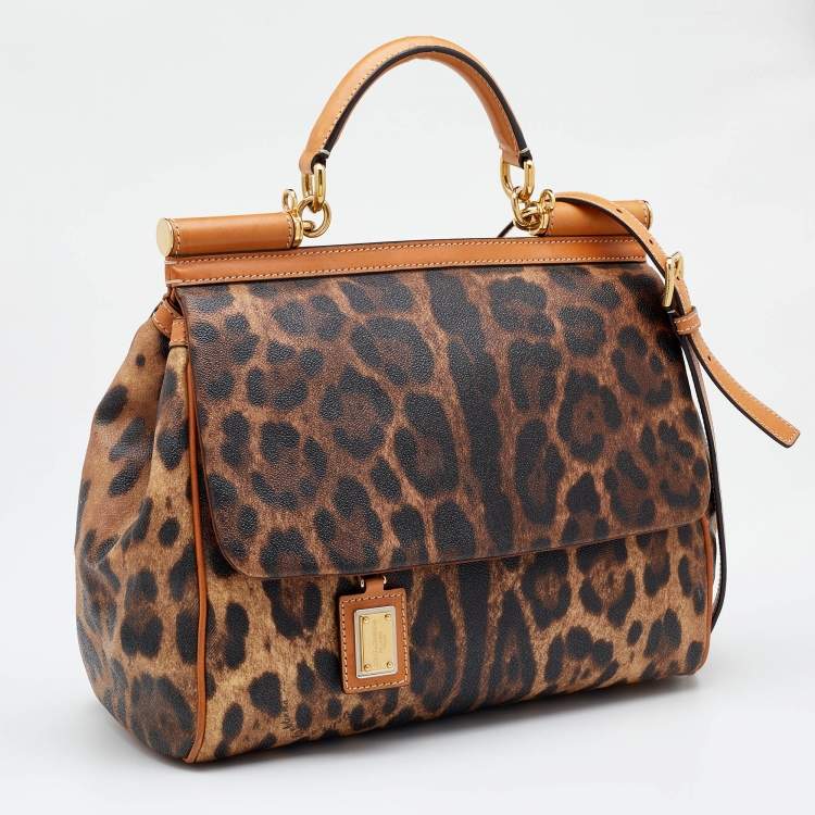 مملوكة مسبقًا Dolce & Gabbana Brown Leopard Coated Canvas and Leather Large Miss Sicily Top Handle Bag