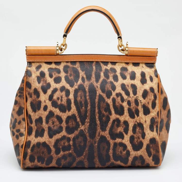 مملوكة مسبقًا Dolce & Gabbana Brown Leopard Coated Canvas and Leather Large Miss Sicily Top Handle Bag
