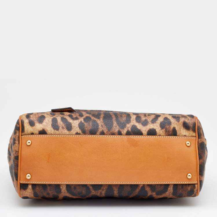 مملوكة مسبقًا Dolce & Gabbana Brown Leopard Coated Canvas and Leather Large Miss Sicily Top Handle Bag